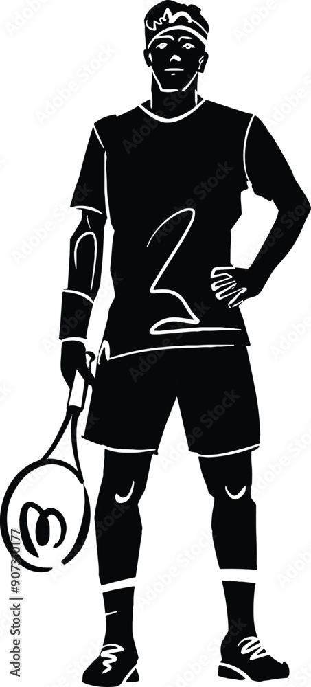 black and white illustration of a tennis player with tennis racket ...