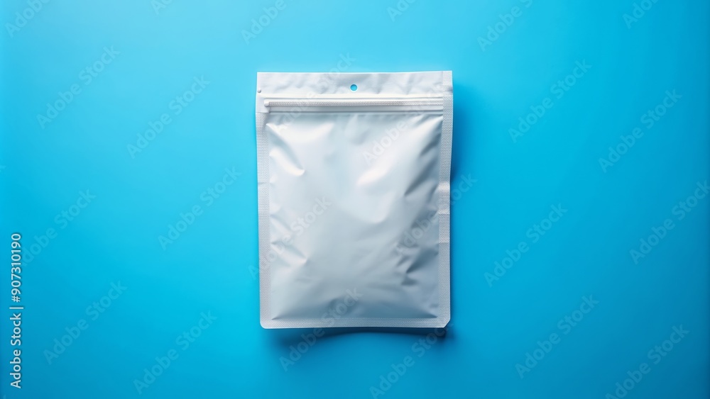 Isolated white paper bag with zipper closure lies flat on a bright blue background, ready for custom branding or product placement design elements. Isolated white paper bag with zipper closure lies flat on a bright blue background, ready for custom branding or product placement design elements.