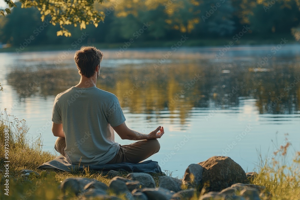 Finding Peace in Nature - Close up of a Man Meditating by a Serene Lake with a Lakeside Backdrop Finding Peace in Nature - Close up of a Man Meditating by a Serene Lake with a Lakeside Backdrop