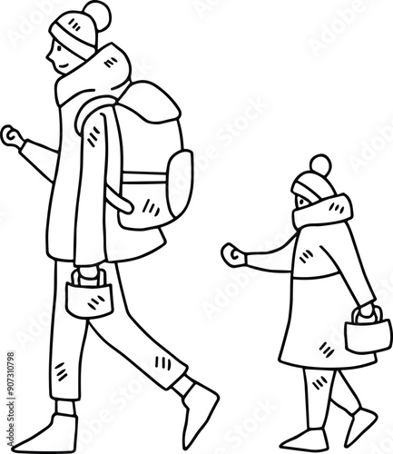 A woman and a child are walking together in the snow
