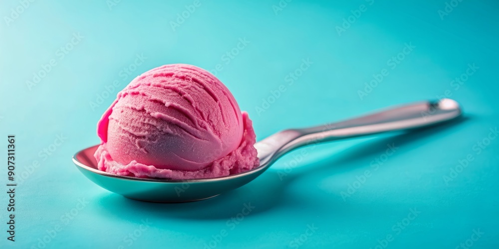 Vibrant pink ice cream scoop isolated on soft pastel blue background, elegantly styled for a commercial product packaging photography shoot in a studio setting. Vibrant pink ice cream scoop isolated on soft pastel blue background, elegantly styled for a commercial product packaging photography shoot in a studio setting.