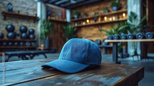 A blue baseball cap is sitting on a wooden table in a gym photo