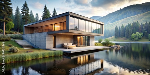 Minimalist home or villa on the edge of a lake. Unique architectural design that blends seamlessly with the natural landscape