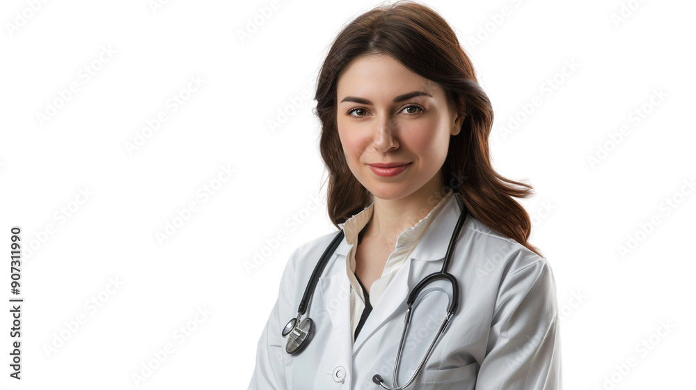 Portrait of a smiling female doctor with stethoscope, isolated on transparent background Portrait of a smiling female doctor with stethoscope, isolated on transparent background