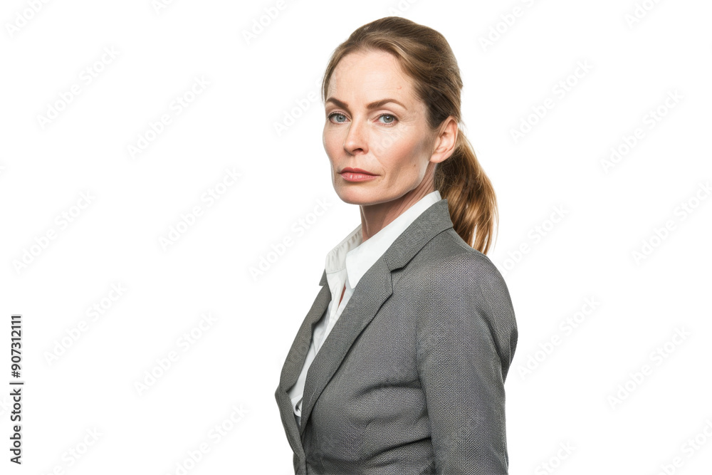 Accomplished middle aged female in formal suit with ponytail looking determined Isolated on white background Accomplished middle aged female in formal suit with ponytail looking determined Isolated on white background