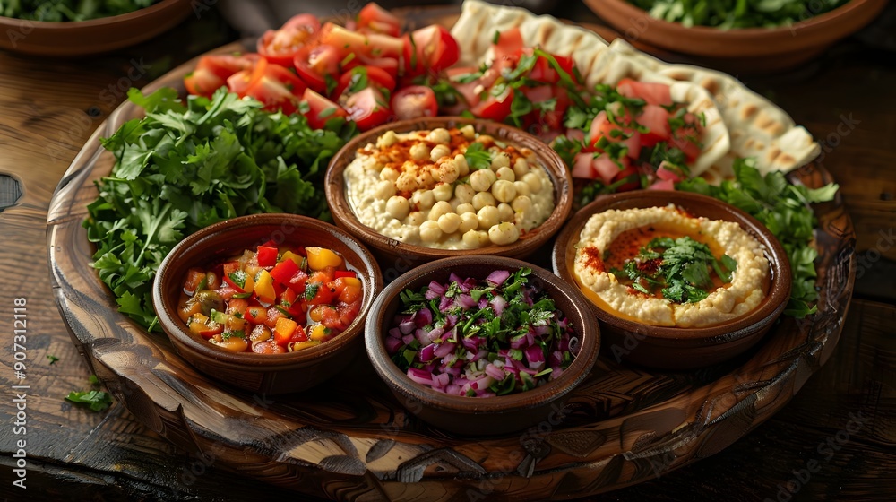 A wooden tray with a variety of dips and sauces A wooden tray with a variety of dips and sauces