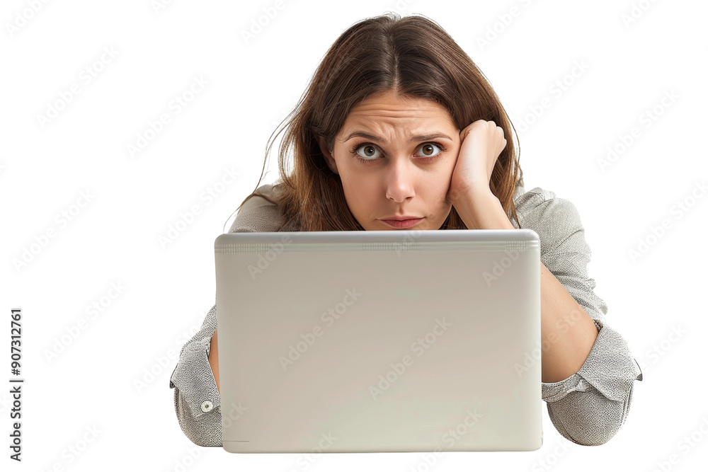 Anxious businesswoman staring at laptop screen, isolated on white background Anxious businesswoman staring at laptop screen, isolated on white background