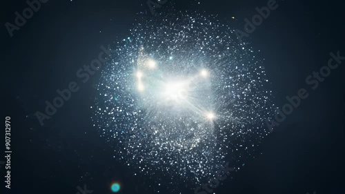 Abstract particles moving and colliding, with a black background, wide shot, futuristic and dynamic style. Galaxy. Big Bang. Explosion.