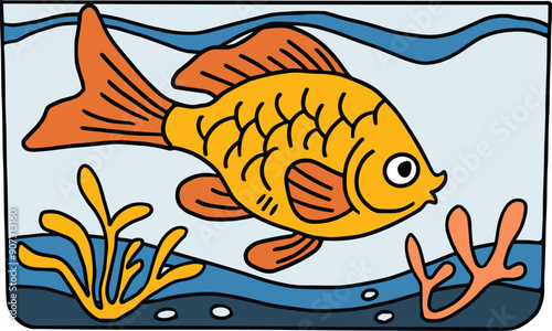 A fish is swimming in a tank with some plants and rocks