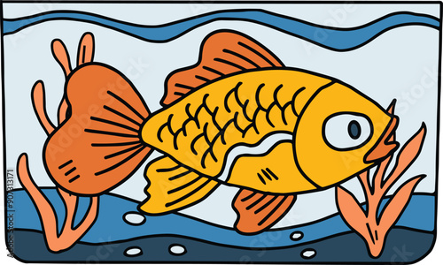 A fish is swimming in a tank with some plants and rocks