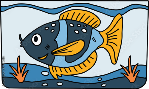 A fish is swimming in a tank with some plants and rocks