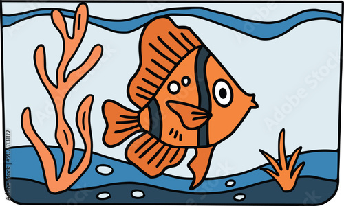 A fish is swimming in a tank with some plants and rocks