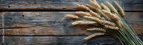 Rustic Harvest: Sheaf of Rye Ears on Wooden Table - Food Photography Background