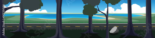 Horizontal view of empty asphalt road. Frontground of trees on the road. Vast coastal lands and river reservoir with distant lands. Under blue sky and white clouds.