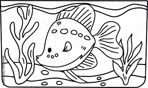A fish is swimming in a tank with some plants and rocks