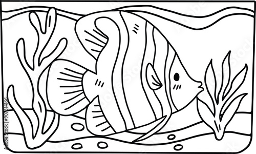 A fish is swimming in a tank with some plants and rocks