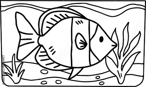 A fish is swimming in a tank with some plants and rocks