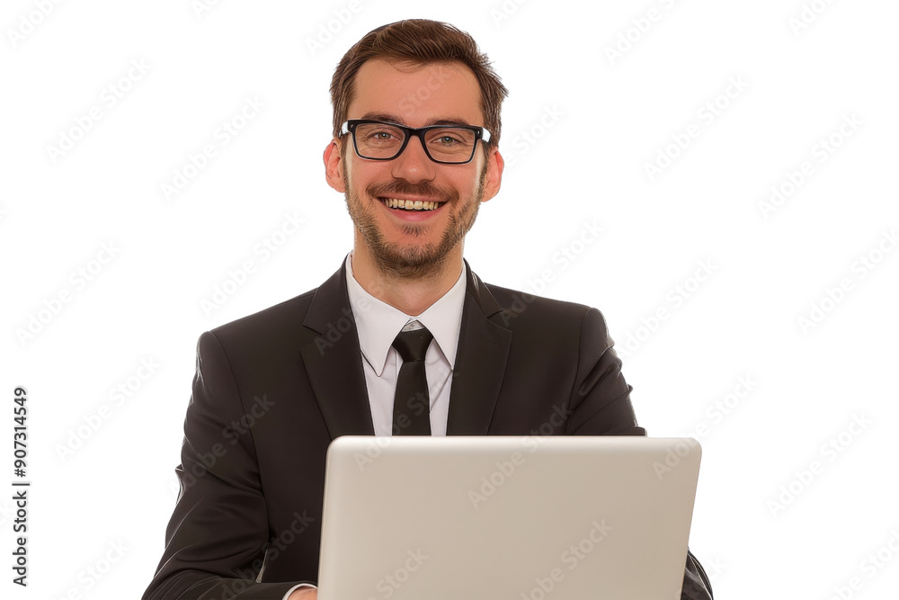 Businessman in suit working on laptop smiling Isolated on white background Businessman in suit working on laptop smiling Isolated on white background