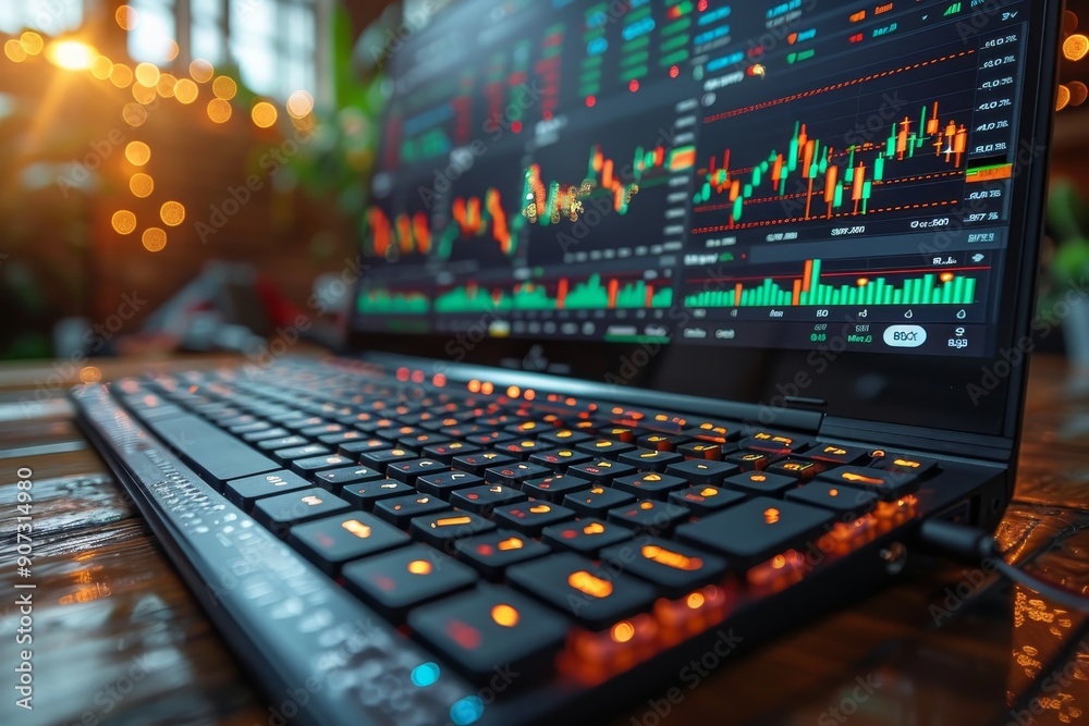 Stock market concept  buy button on keyboard over stock chart, exchange trading signals