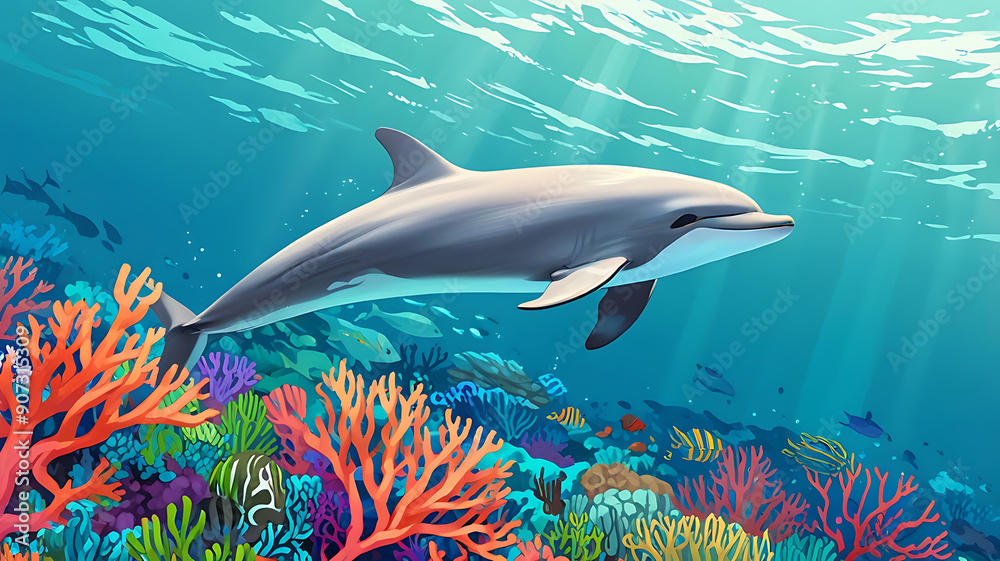 Obraz premium a Vaquita dolphin gliding through a vibrant coral reef, showcasing its delicate form and the rich underwater environment with ample copy space.