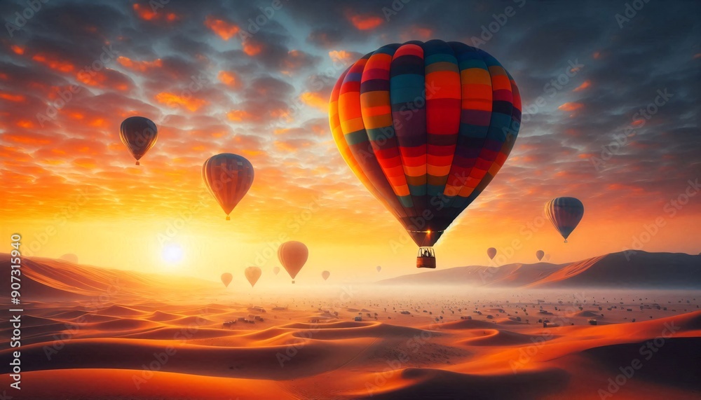Obraz premium Hot air balloon at desert sunset