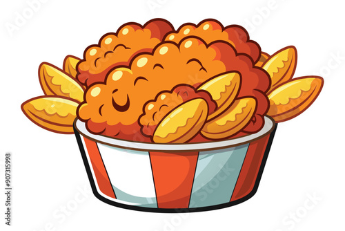 Cartoon Illustration of a Bucket of Fried Chicken with a Happy Face