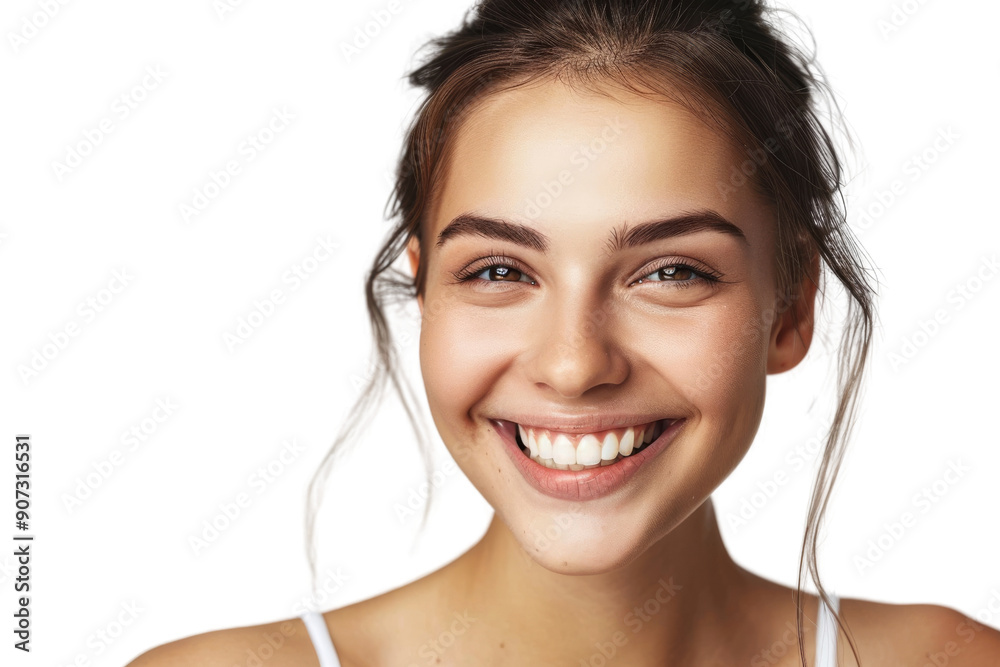 Cheerful young woman with radiant smile, looking at camera, isolated on white background Cheerful young woman with radiant smile, looking at camera, isolated on white background