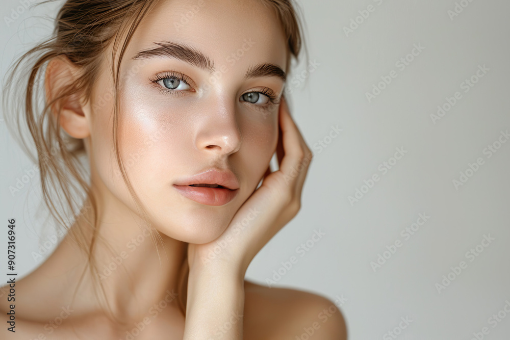 Beautiful young woman with clean fresh skin on face. Place for text
