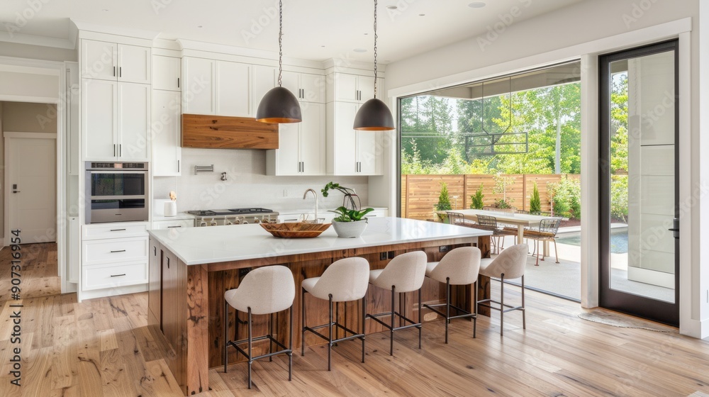 Fototapeta premium A modern farmhouse kitchen flooded with natural light, featuring a large island, white cabinets, and wood accents.