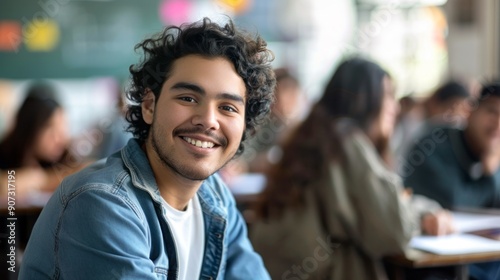 A young man with curly hair smiles warmly at the camera in a classroom setting. © Unsake