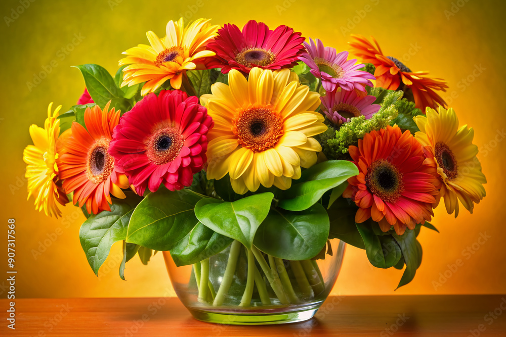 Fototapeta premium Vibrant gerbera daisies and lush green leaves arranged beautifully in a vase, set against a bright yellow background, evoking feelings of warmth and happiness.