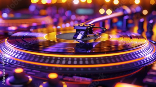 3D turntable, spinning vinyl, vibrant lights, DJ theme photo