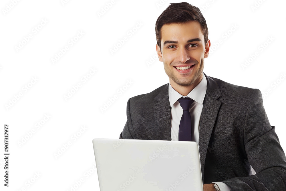 Confident businessman with laptop smiling Isolated on white background Confident businessman with laptop smiling Isolated on white background