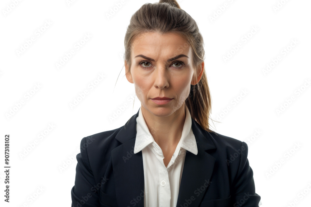 Confident middle aged female entrepreneur with ponytail wearing formal suit looking at camera Isolated on white background Confident middle aged female entrepreneur with ponytail wearing formal suit looking at camera Isolated on white background