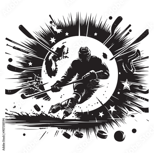 People playing ice hockey silhouette vector illustration.