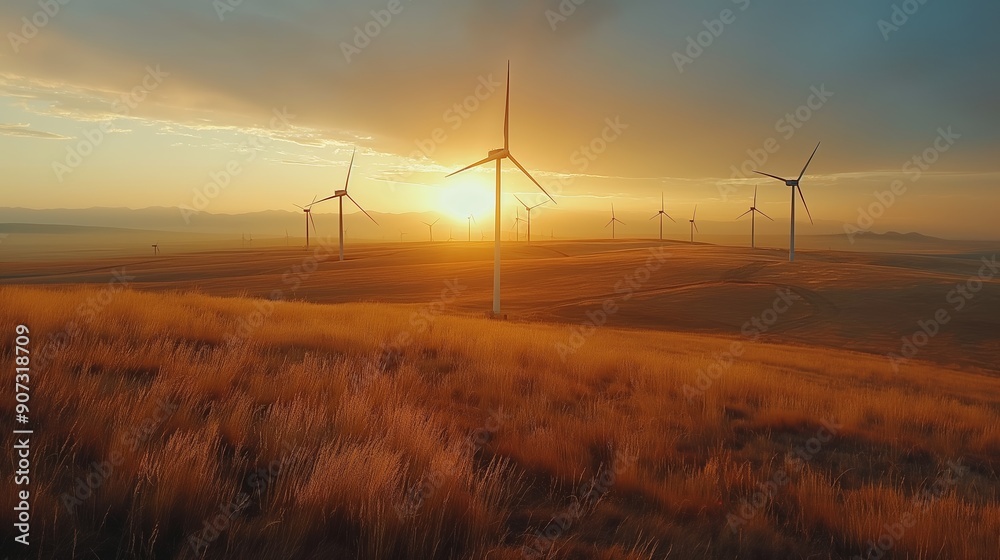 Obraz premium Wind turbines on a vast golden field during sunset with an expansive sky
