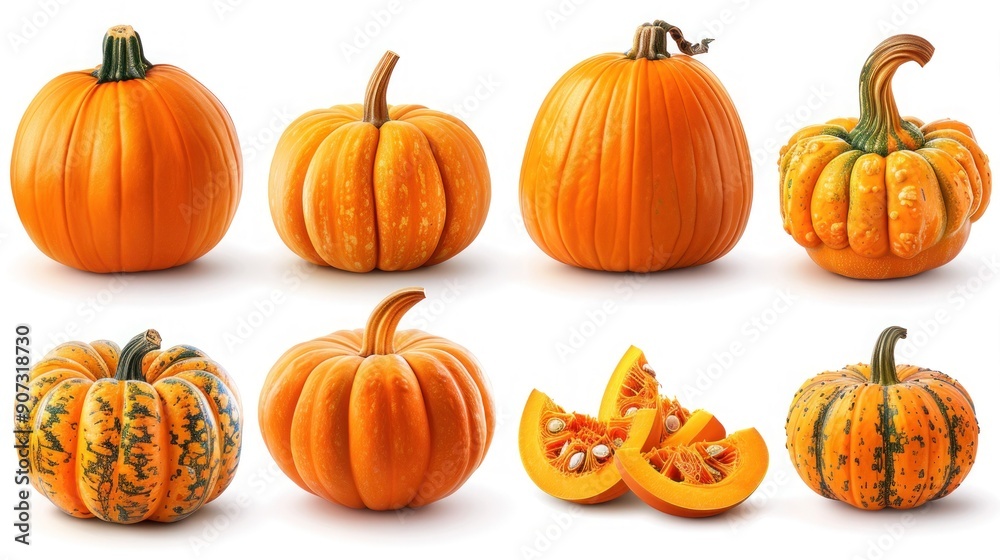Autumn Harvest: Set of Fresh Whole and Sliced Pumpkins for Seasonal Decoration and Cooking Autumn Harvest: Set of Fresh Whole and Sliced Pumpkins for Seasonal Decoration and Cooking