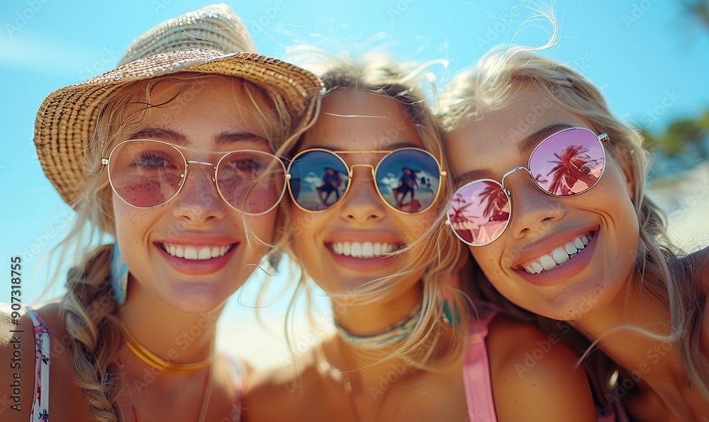 Delightful female friends are taking a selfie outdoors during their summer vacation, enjoying each other's company and the day out. Delightful female friends are taking a selfie outdoors during their summer vacation, enjoying each other's company and the day out.