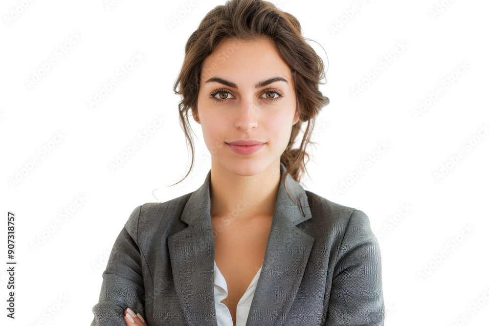 Confident young woman with brown eyes in business attire Isolated on white background Confident young woman with brown eyes in business attire Isolated on white background