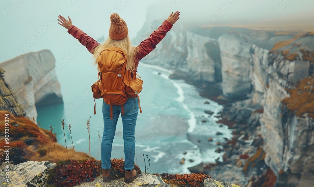 Obraz premium A happy female hiker is standing on a cliff with her arms up in the air, feeling exhilarated and free.