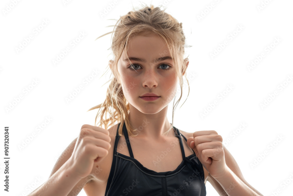 Energetic young blond girl in fitness gear, ready to exercise, isolated on white background Energetic young blond girl in fitness gear, ready to exercise, isolated on white background