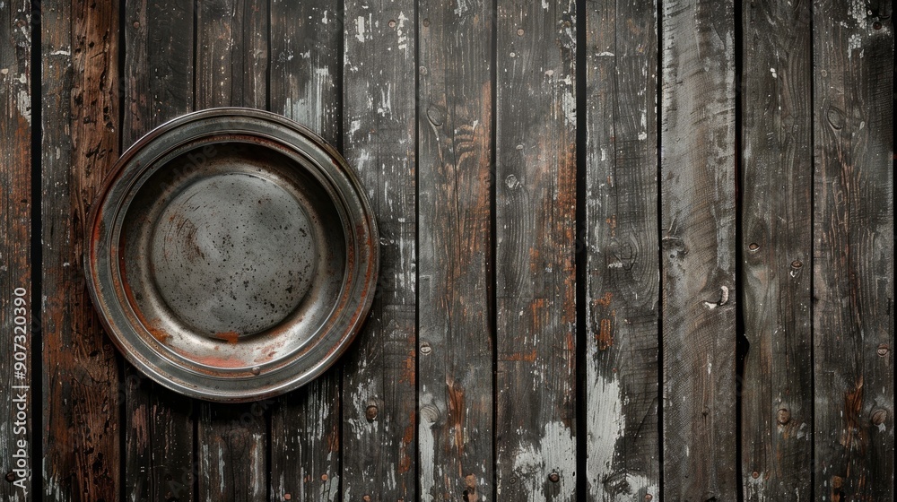 Fototapeta premium Grunge brown and gray wooden background with plate