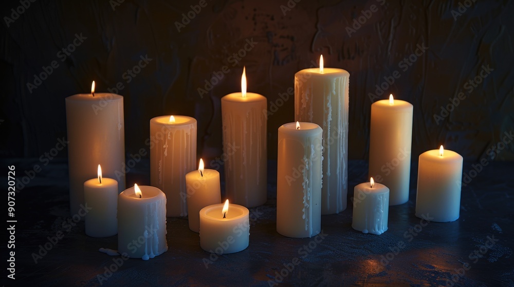 A collection of white candles placed on a flat surface, perfect for use in interior design or as a decorative element A collection of white candles placed on a flat surface, perfect for use in interior design or as a decorative element