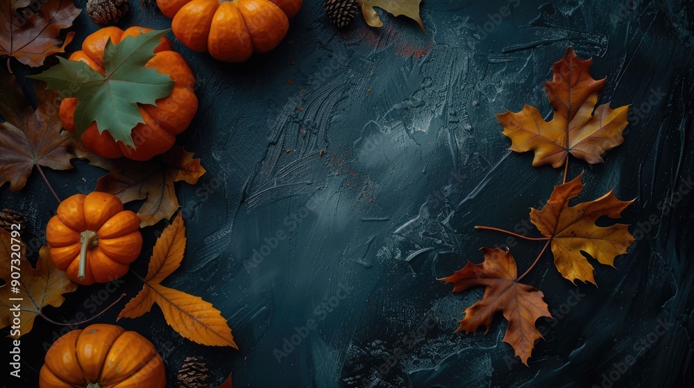 Fall pumpkins and leaves on dark backdrop with space for text Festive and welcoming design Fall pumpkins and leaves on dark backdrop with space for text Festive and welcoming design