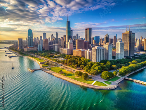 Chicago Skyline View from Drone photo