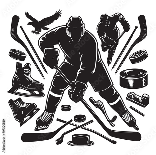 People playing ice hockey silhouette vector illustration.