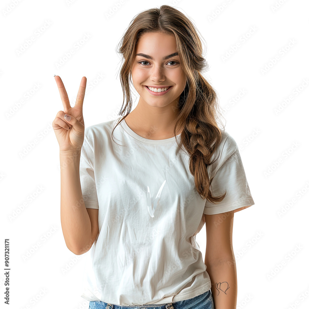 Cheerful girl posing with a peace gesture wearing casual white top Cheerful girl posing with a peace gesture wearing casual white top