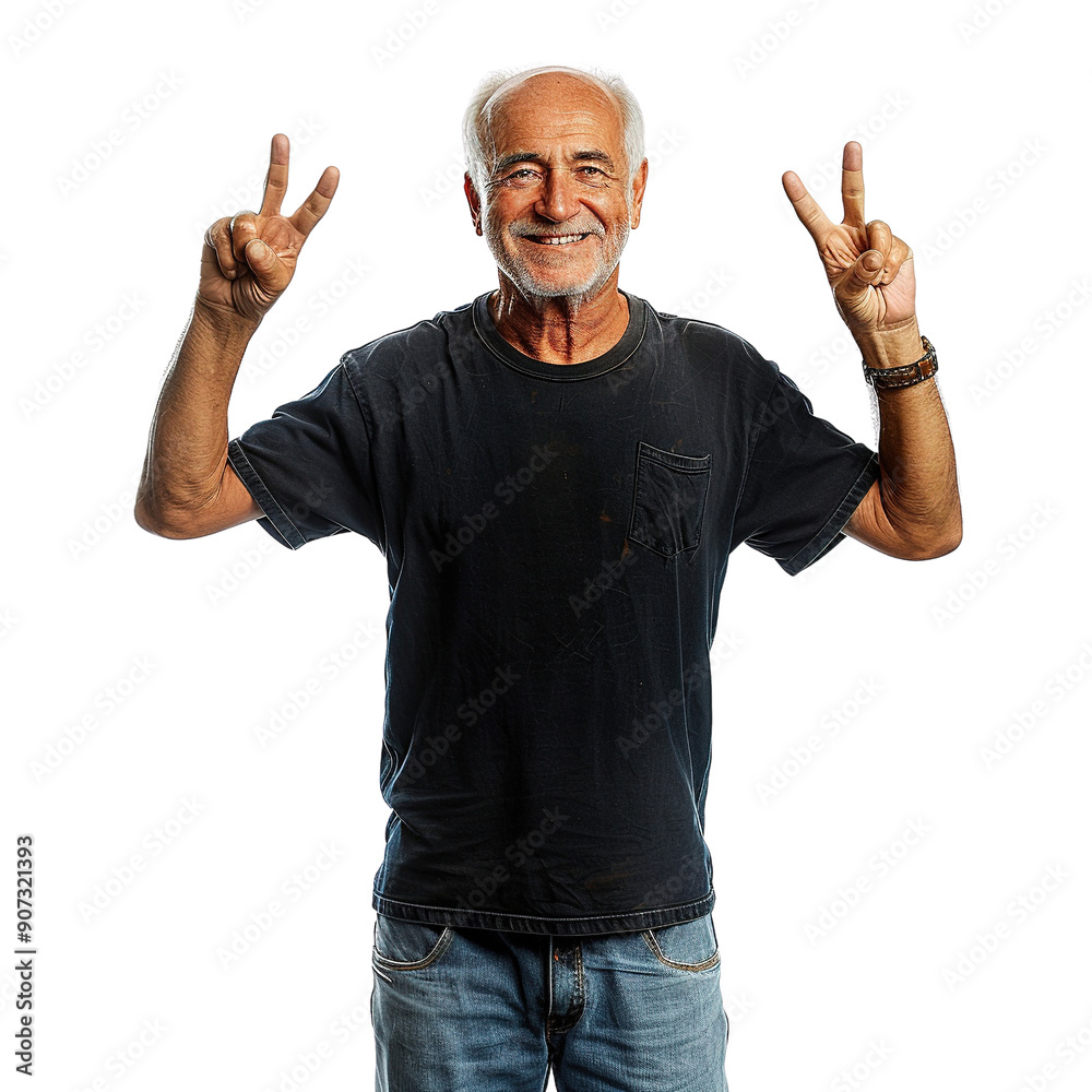 A man in a black shirt and blue jeans is smiling and holding up his hands in a peace sign A man in a black shirt and blue jeans is smiling and holding up his hands in a peace sign