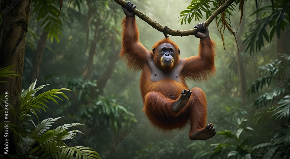 Obraz premium Artistic render of a Sumatran orangutan hanging from branches in the rainforest canopy, emphasizing its expressive face and lush surroundings with a plain background and ample copy space.