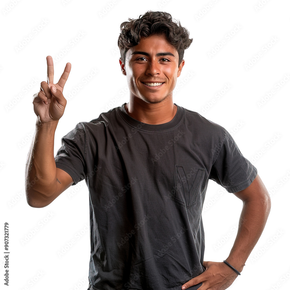 Naklejka premium A young man is smiling and holding up his hands in a peace sign wearing a black shirt with a pocket on the front